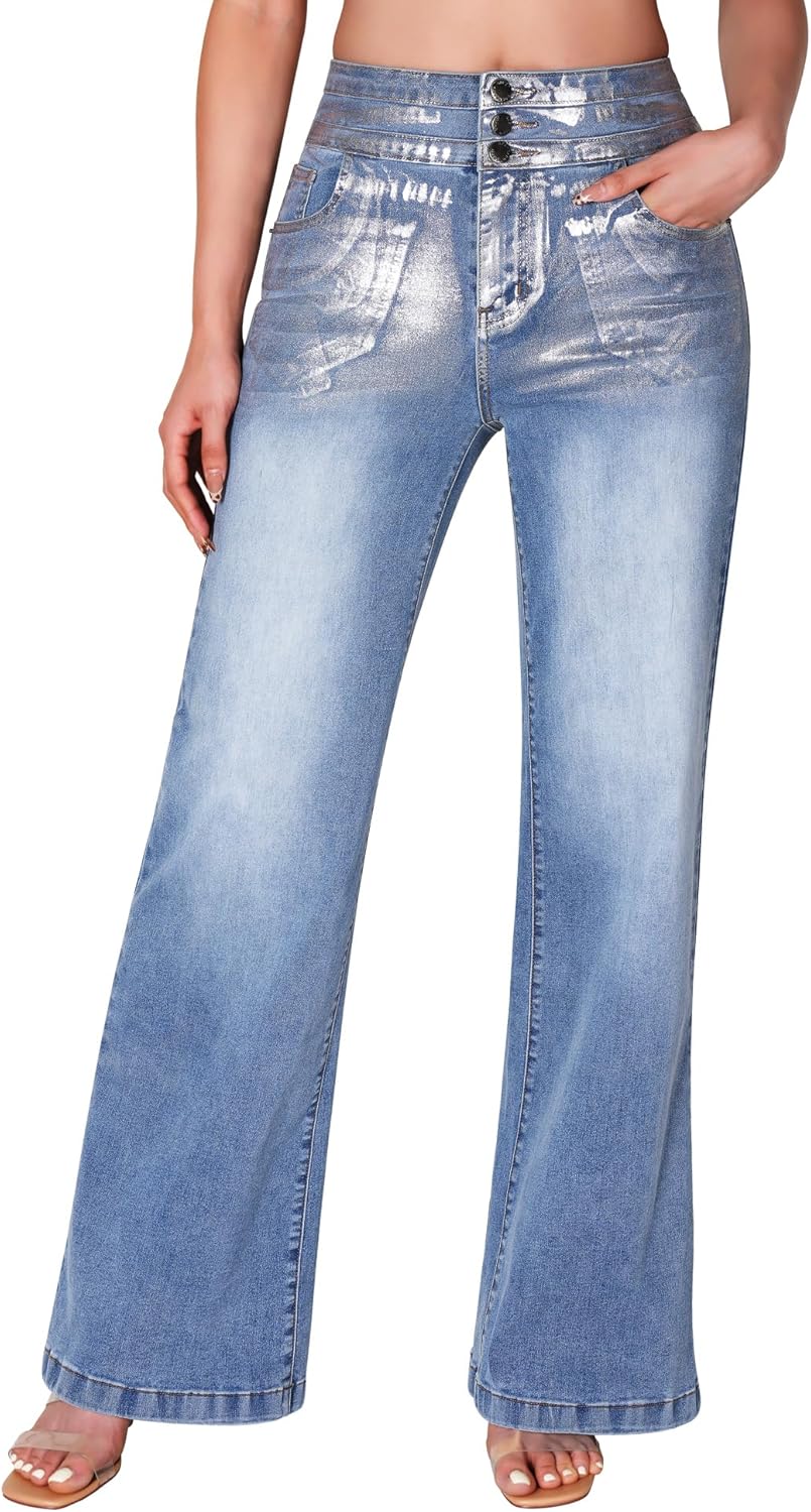 roswear Women's Wide Leg Jeans Casual High Waisted Stretch Baggy Loose Denim Pants