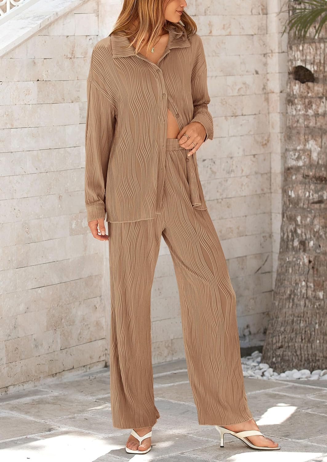 Women's 2 Piece Textured Sets Casual Button Down Shirt Wide Leg Pants Outfit Loungewear Tracksuit