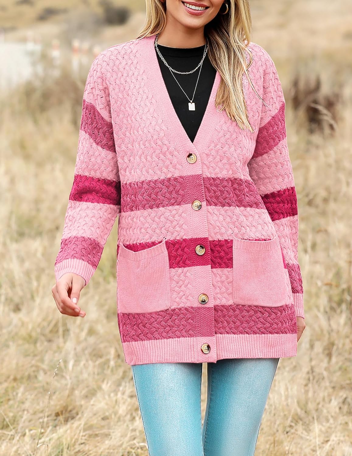 Zeagoo Womens 2024 Long Sleeve Chunky Cable Knit Fall Cardigans Sweaters Button Down Open Front Outerwear with Pockets