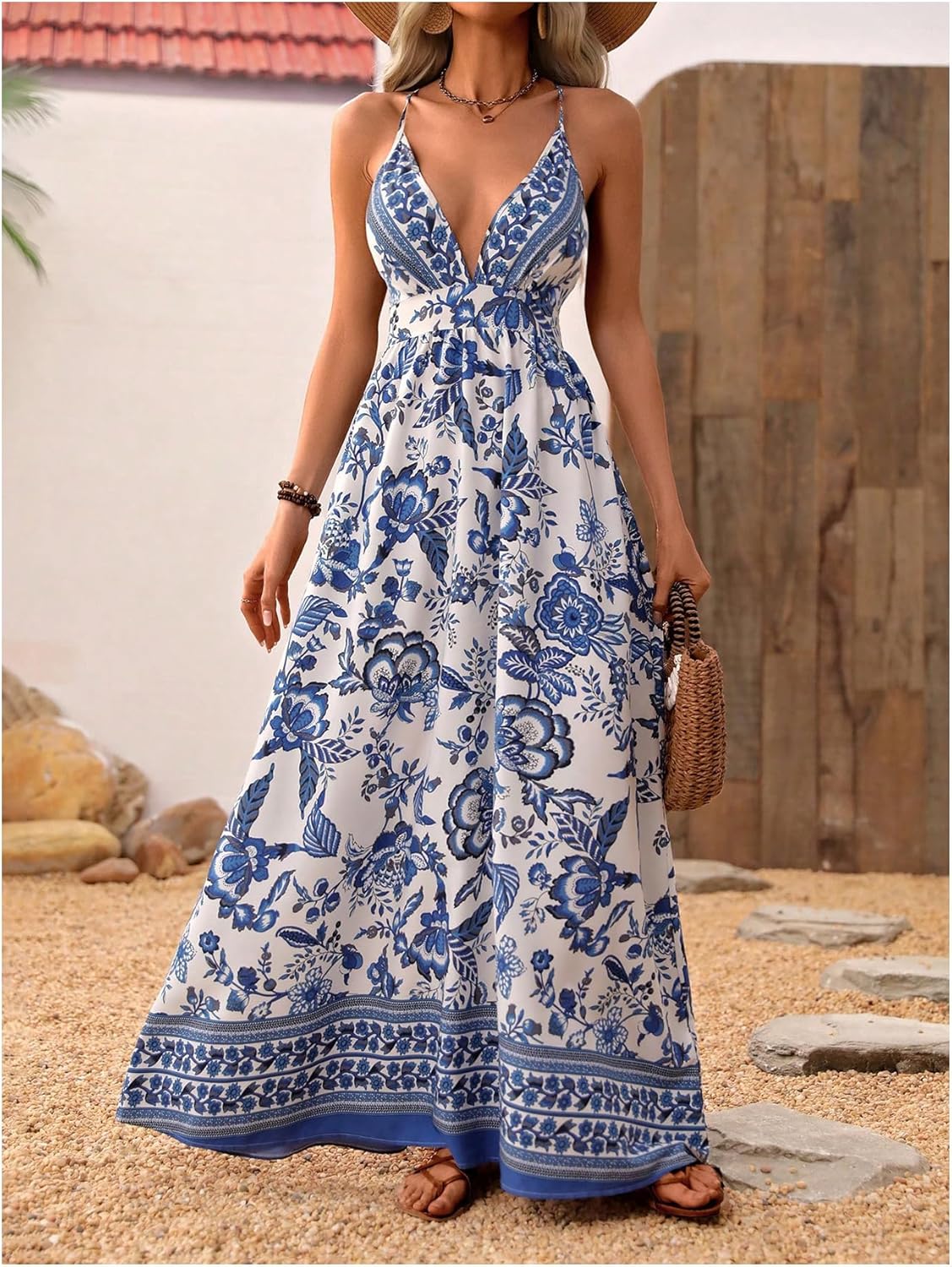 MakeMeChic Women's Boho V Neck Sleeveless Maxi Sundress Floral Print Criss Cross Backless Flare Cami Dress