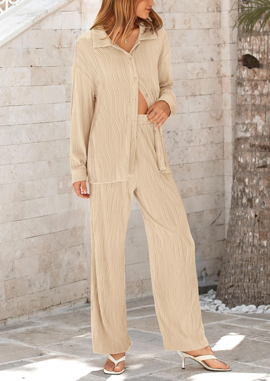 Women's 2 Piece Textured Sets Casual Button Down Shirt Wide Leg Pants Outfit Loungewear Tracksuit