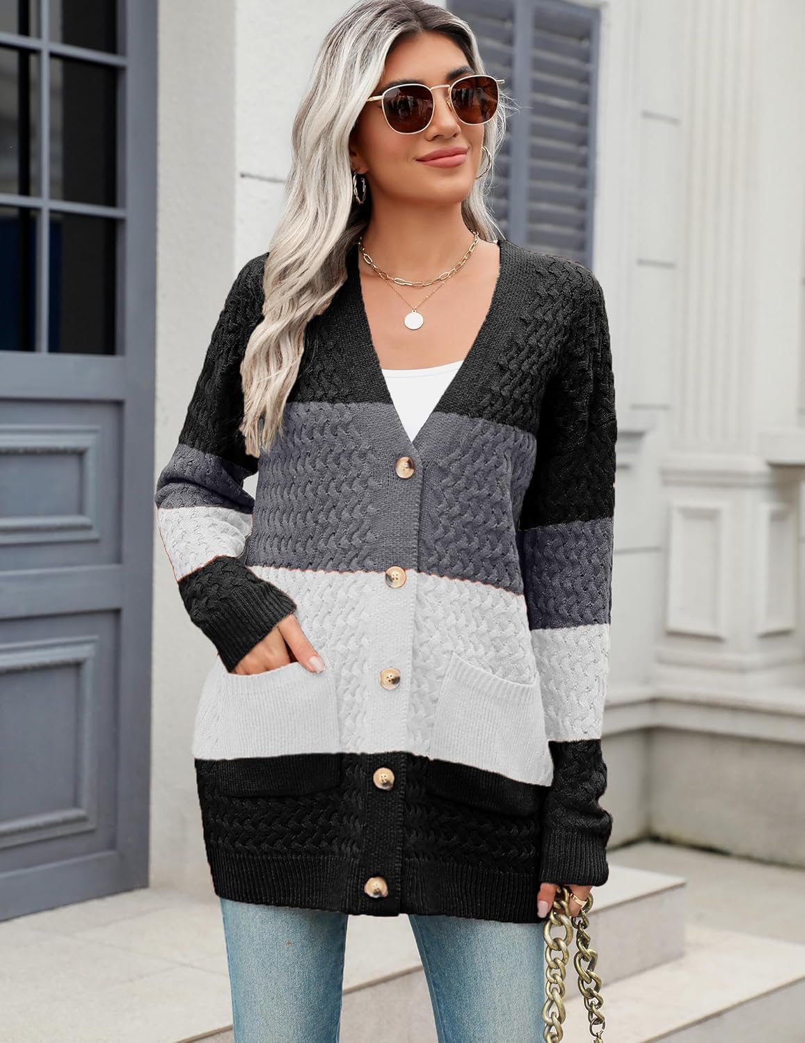 Zeagoo Womens 2024 Long Sleeve Chunky Cable Knit Fall Cardigans Sweaters Button Down Open Front Outerwear with Pockets