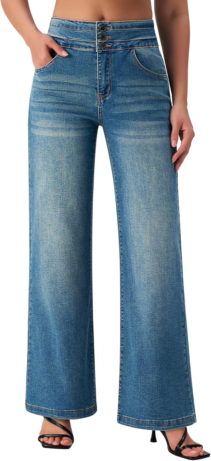 roswear Women's Wide Leg Jeans Casual High Waisted Stretch Baggy Loose Denim Pants