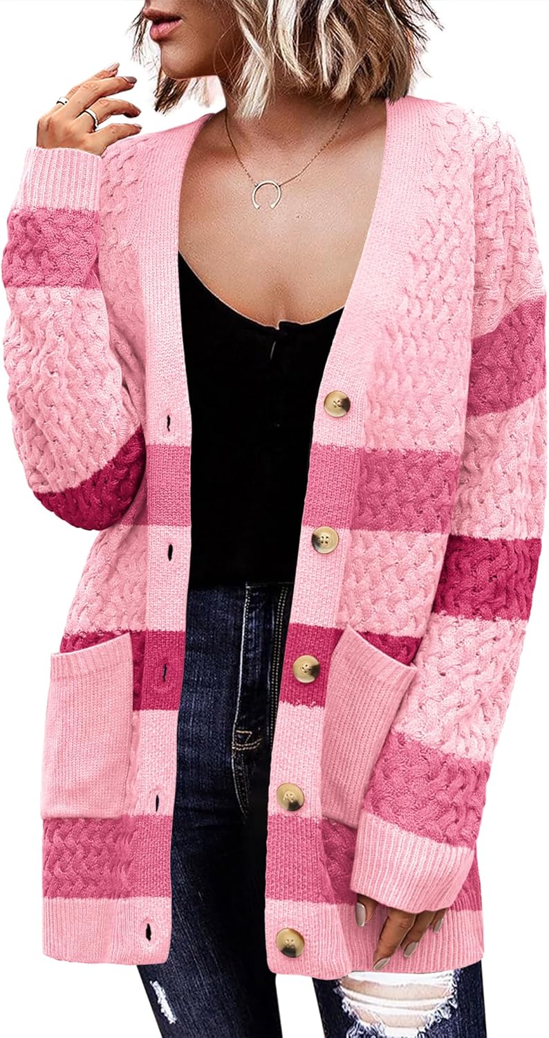 Zeagoo Womens 2024 Long Sleeve Chunky Cable Knit Fall Cardigans Sweaters Button Down Open Front Outerwear with Pockets