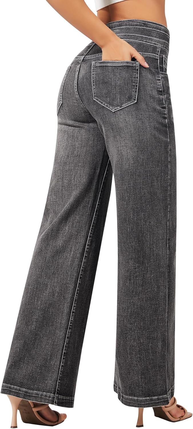 roswear Women's Wide Leg Jeans Casual High Waisted Stretch Baggy Loose Denim Pants