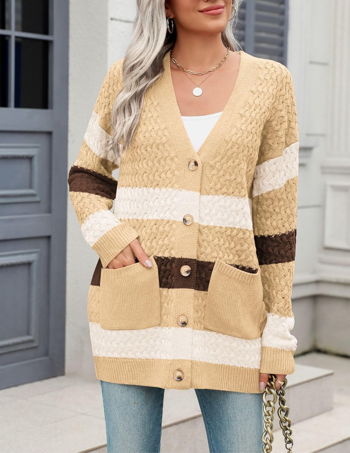 Zeagoo Womens 2024 Long Sleeve Chunky Cable Knit Fall Cardigans Sweaters Button Down Open Front Outerwear with Pockets