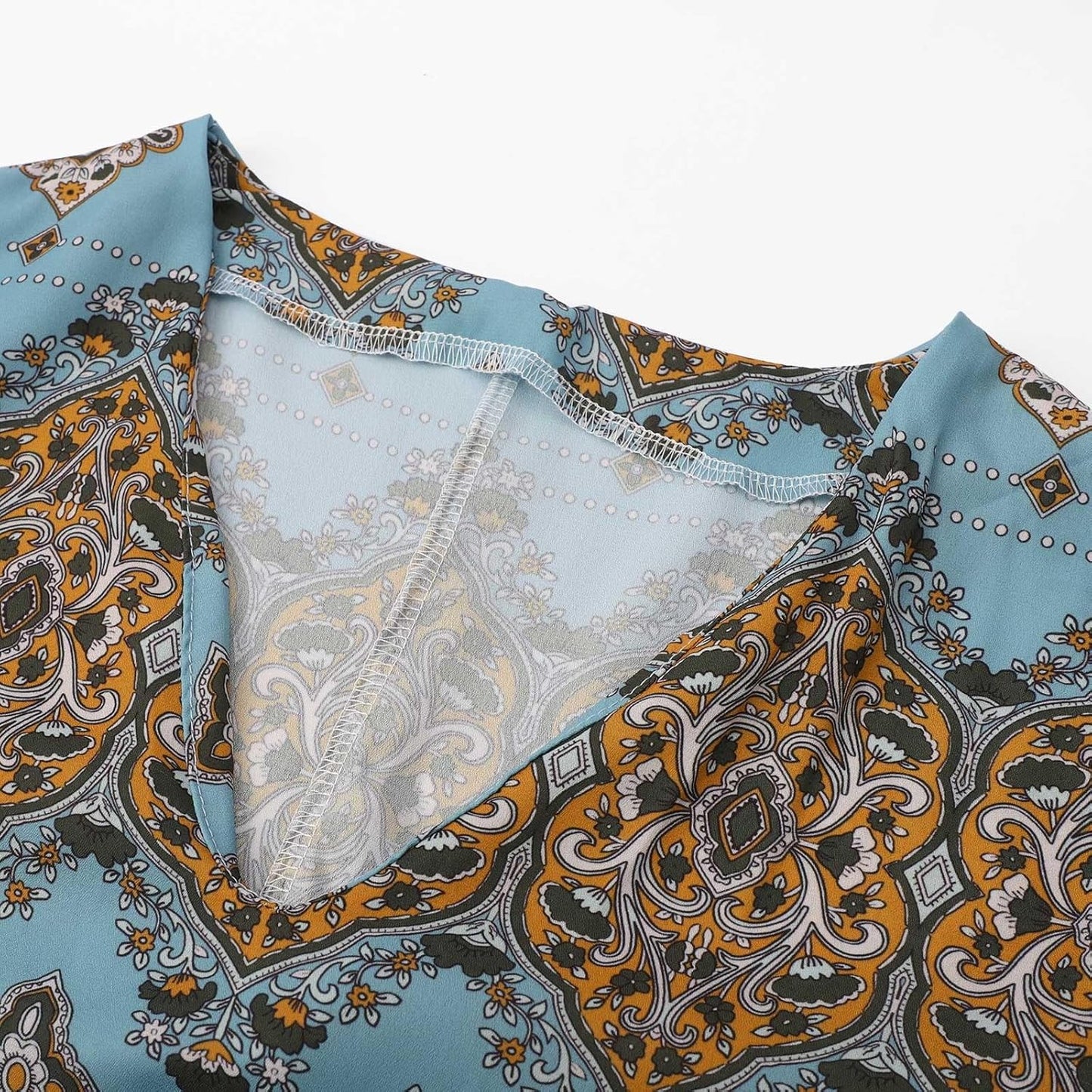 Women's Flowy Ethnic Puff Long Sleeve Midi Dress Casual Boho Floral Swing V-Neck Vacation Ruffle Dress with Belt