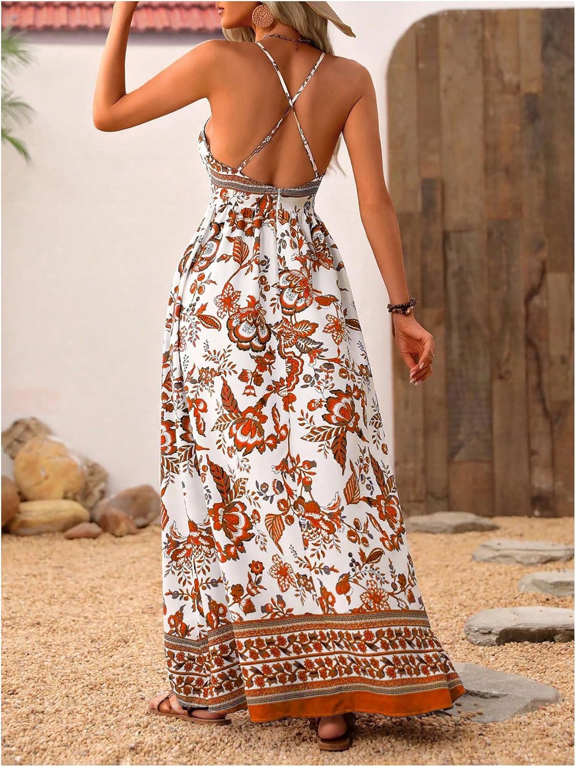 MakeMeChic Women's Boho V Neck Sleeveless Maxi Sundress Floral Print Criss Cross Backless Flare Cami Dress