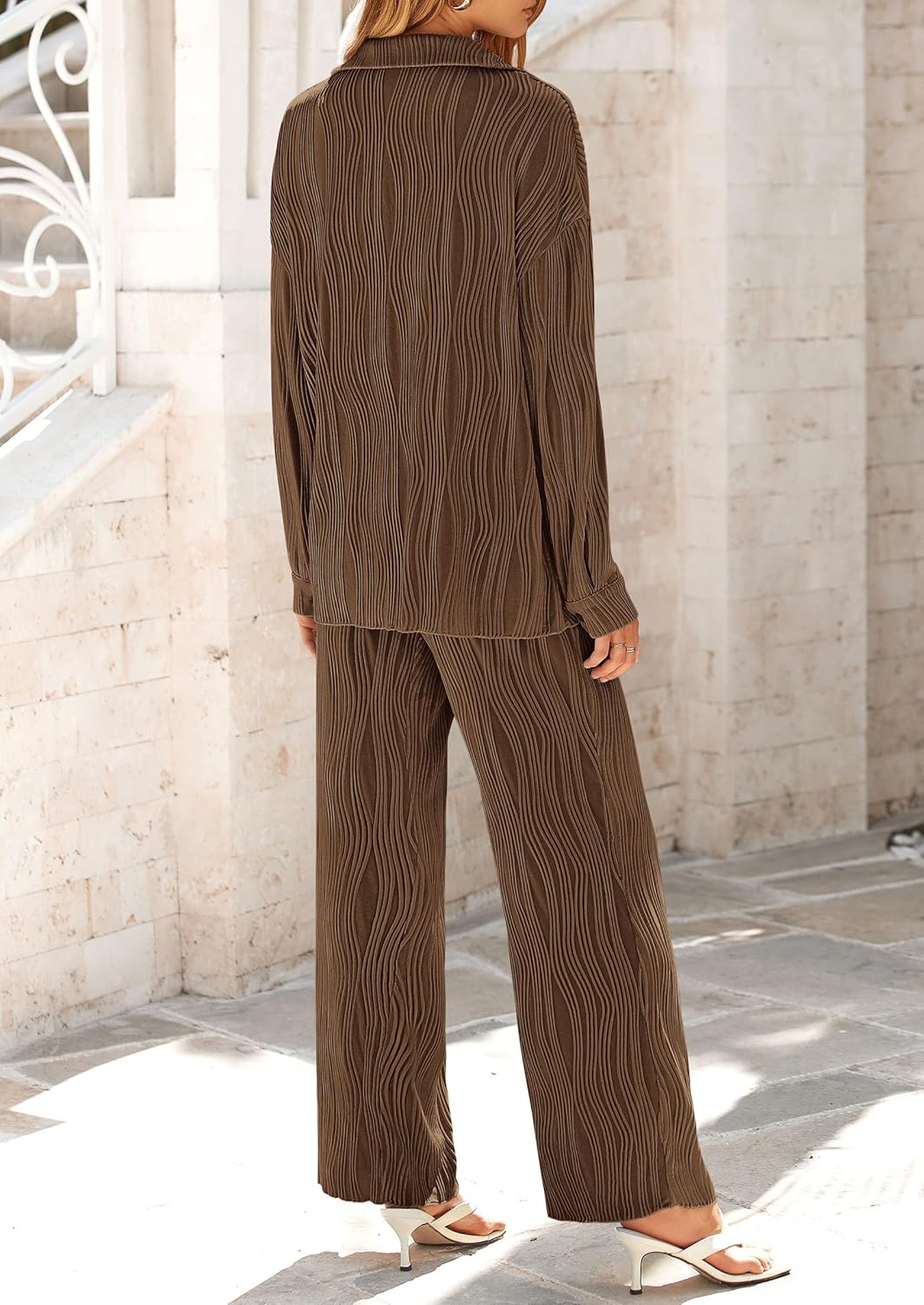 Women's 2 Piece Textured Sets Casual Button Down Shirt Wide Leg Pants Outfit Loungewear Tracksuit