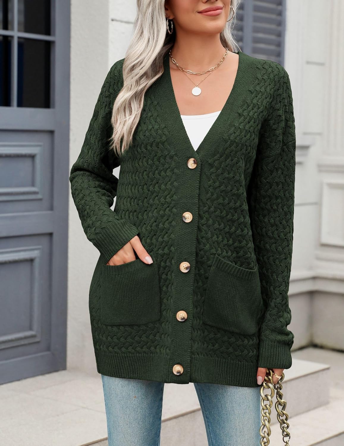 Zeagoo Womens 2024 Long Sleeve Chunky Cable Knit Fall Cardigans Sweaters Button Down Open Front Outerwear with Pockets