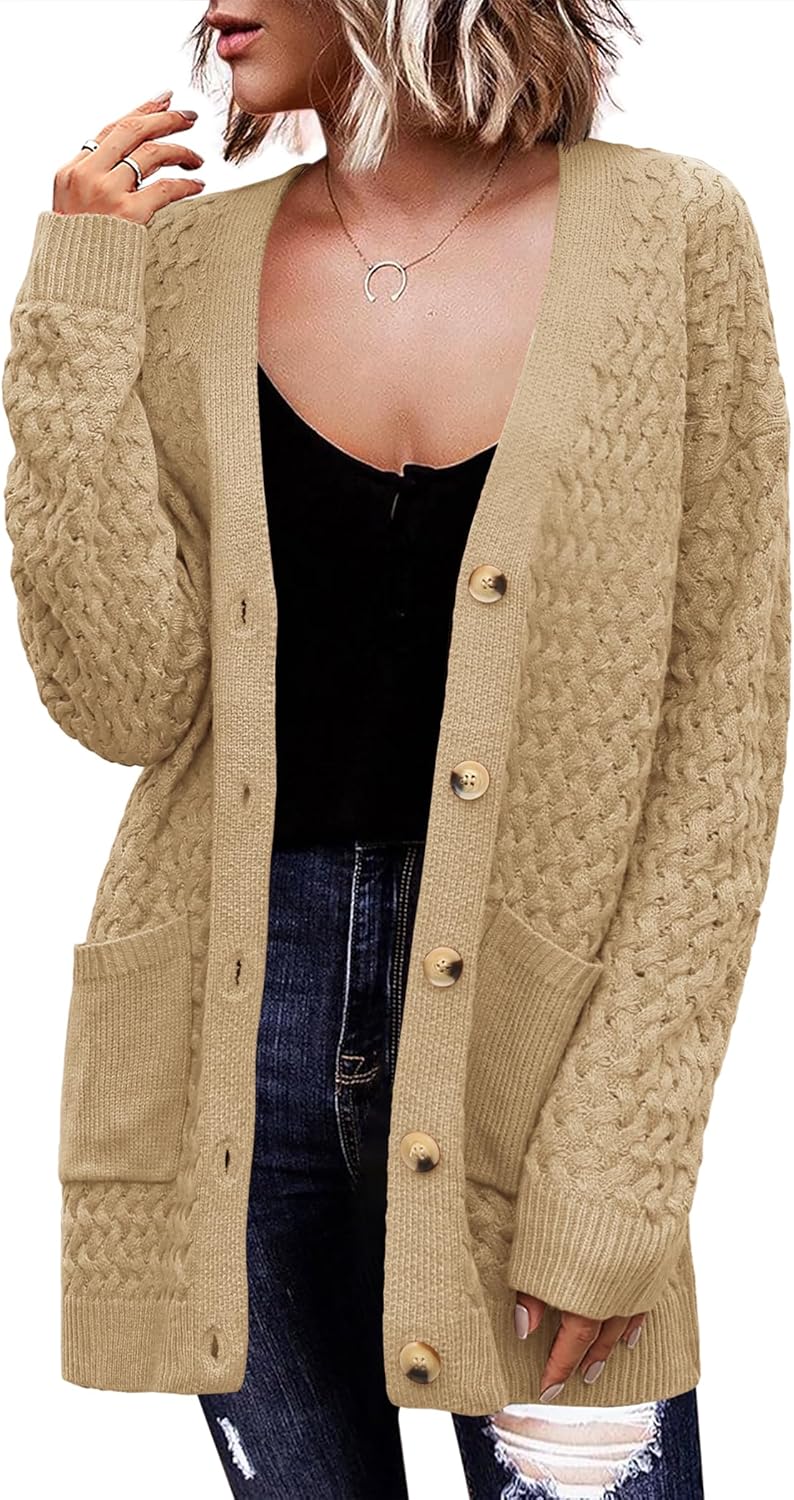 Zeagoo Womens 2024 Long Sleeve Chunky Cable Knit Fall Cardigans Sweaters Button Down Open Front Outerwear with Pockets