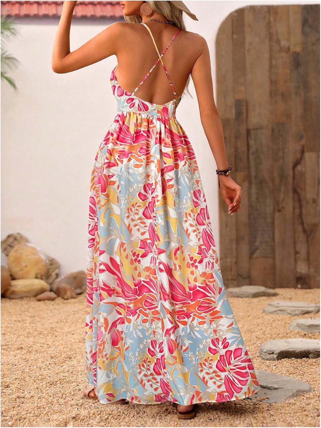 MakeMeChic Women's Boho V Neck Sleeveless Maxi Sundress Floral Print Criss Cross Backless Flare Cami Dress