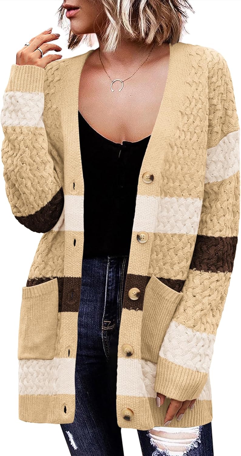 Zeagoo Womens 2024 Long Sleeve Chunky Cable Knit Fall Cardigans Sweaters Button Down Open Front Outerwear with Pockets