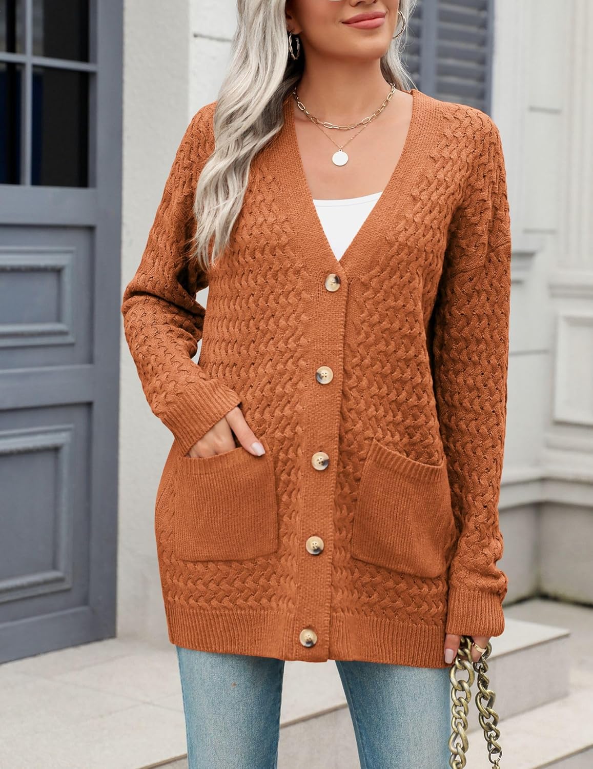 Zeagoo Womens 2024 Long Sleeve Chunky Cable Knit Fall Cardigans Sweaters Button Down Open Front Outerwear with Pockets