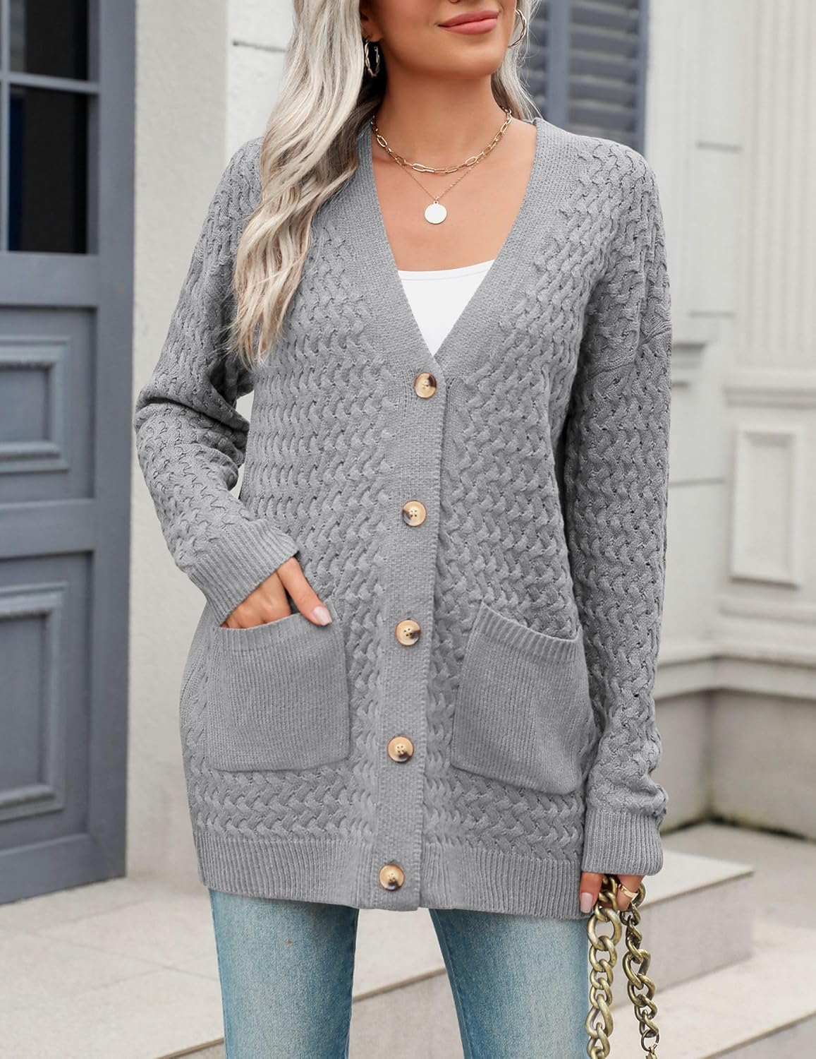 Zeagoo Womens 2024 Long Sleeve Chunky Cable Knit Fall Cardigans Sweaters Button Down Open Front Outerwear with Pockets
