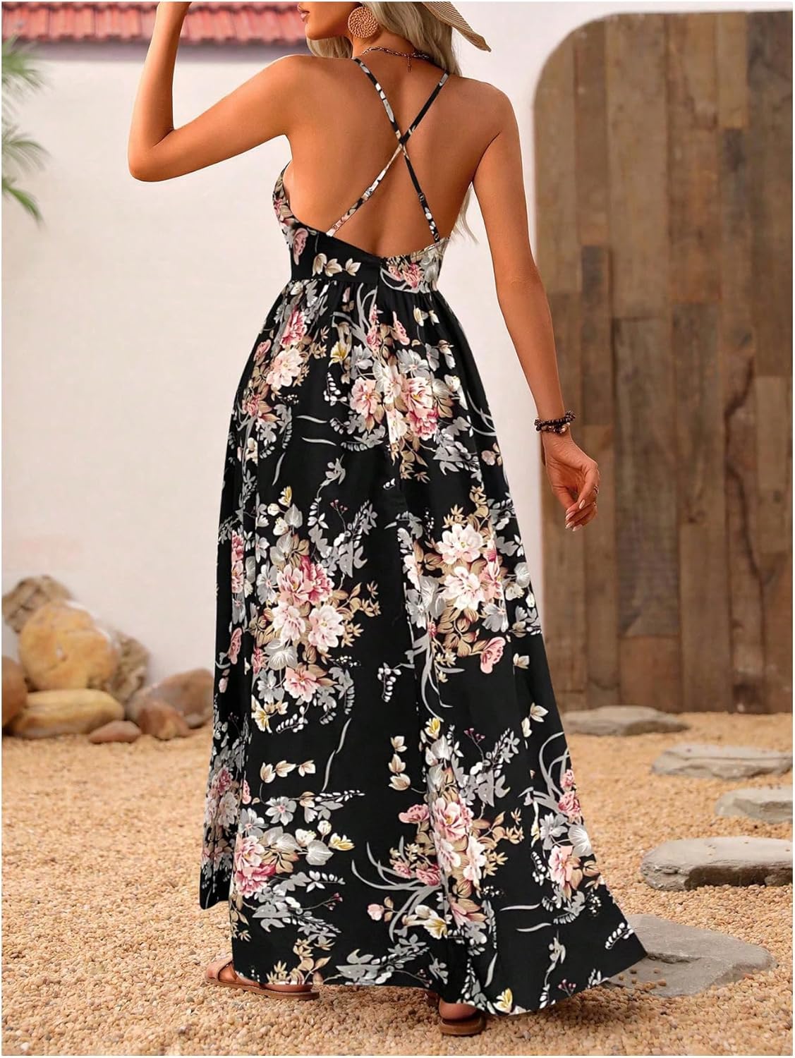 MakeMeChic Women's Boho V Neck Sleeveless Maxi Sundress Floral Print Criss Cross Backless Flare Cami Dress