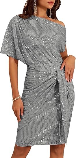⏰Hot Sale-Women's Sequin Sparkly Glitter One Shoulder Ruched Bodycon Dress(Buy 2 Free Shipping)