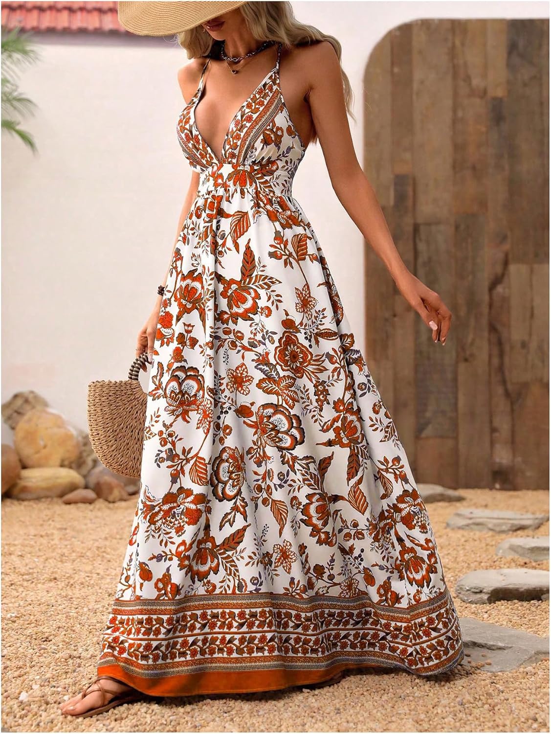 MakeMeChic Women's Boho V Neck Sleeveless Maxi Sundress Floral Print Criss Cross Backless Flare Cami Dress