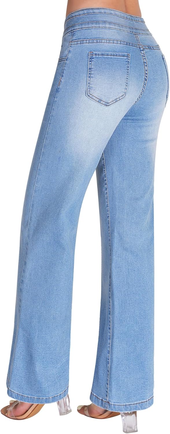 roswear Women's Wide Leg Jeans Casual High Waisted Stretch Baggy Loose Denim Pants