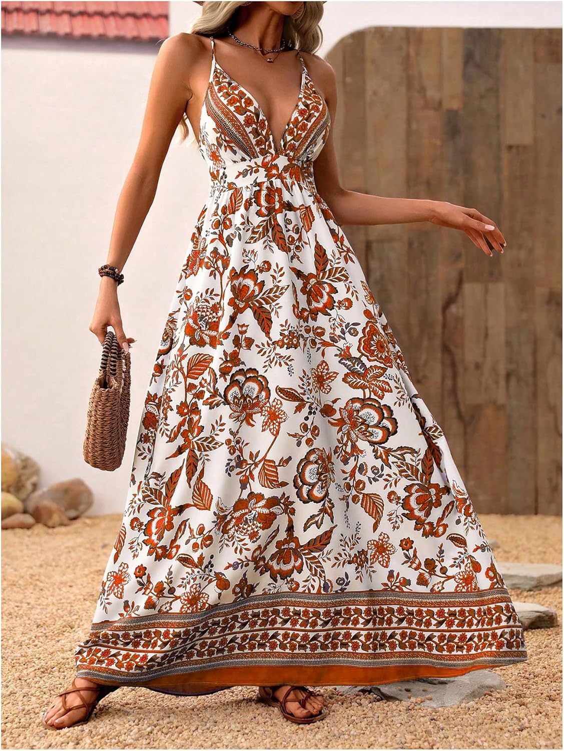 MakeMeChic Women's Boho V Neck Sleeveless Maxi Sundress Floral Print Criss Cross Backless Flare Cami Dress