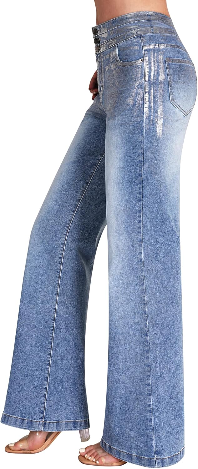 roswear Women's Wide Leg Jeans Casual High Waisted Stretch Baggy Loose Denim Pants