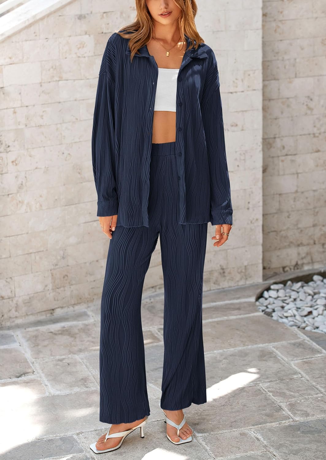 Women's 2 Piece Textured Sets Casual Button Down Shirt Wide Leg Pants Outfit Loungewear Tracksuit