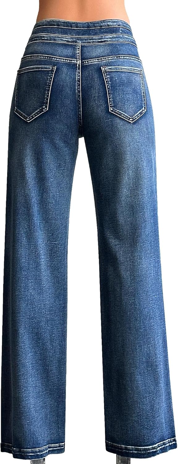 roswear Women's Wide Leg Jeans Casual High Waisted Stretch Baggy Loose Denim Pants