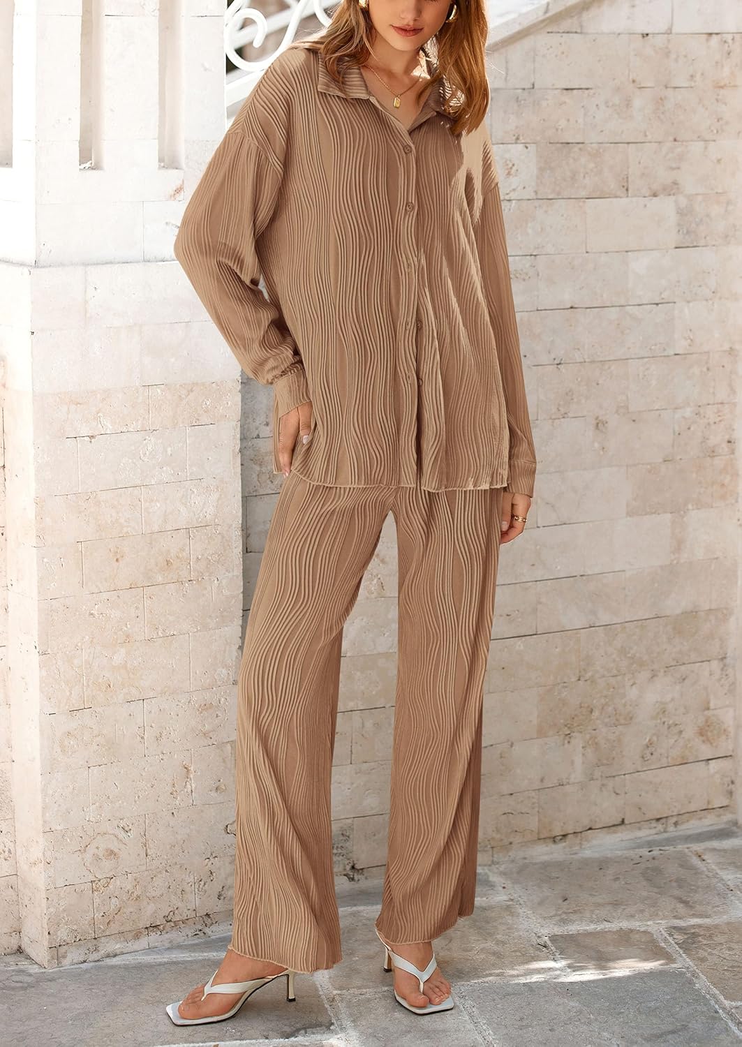 Women's 2 Piece Textured Sets Casual Button Down Shirt Wide Leg Pants Outfit Loungewear Tracksuit