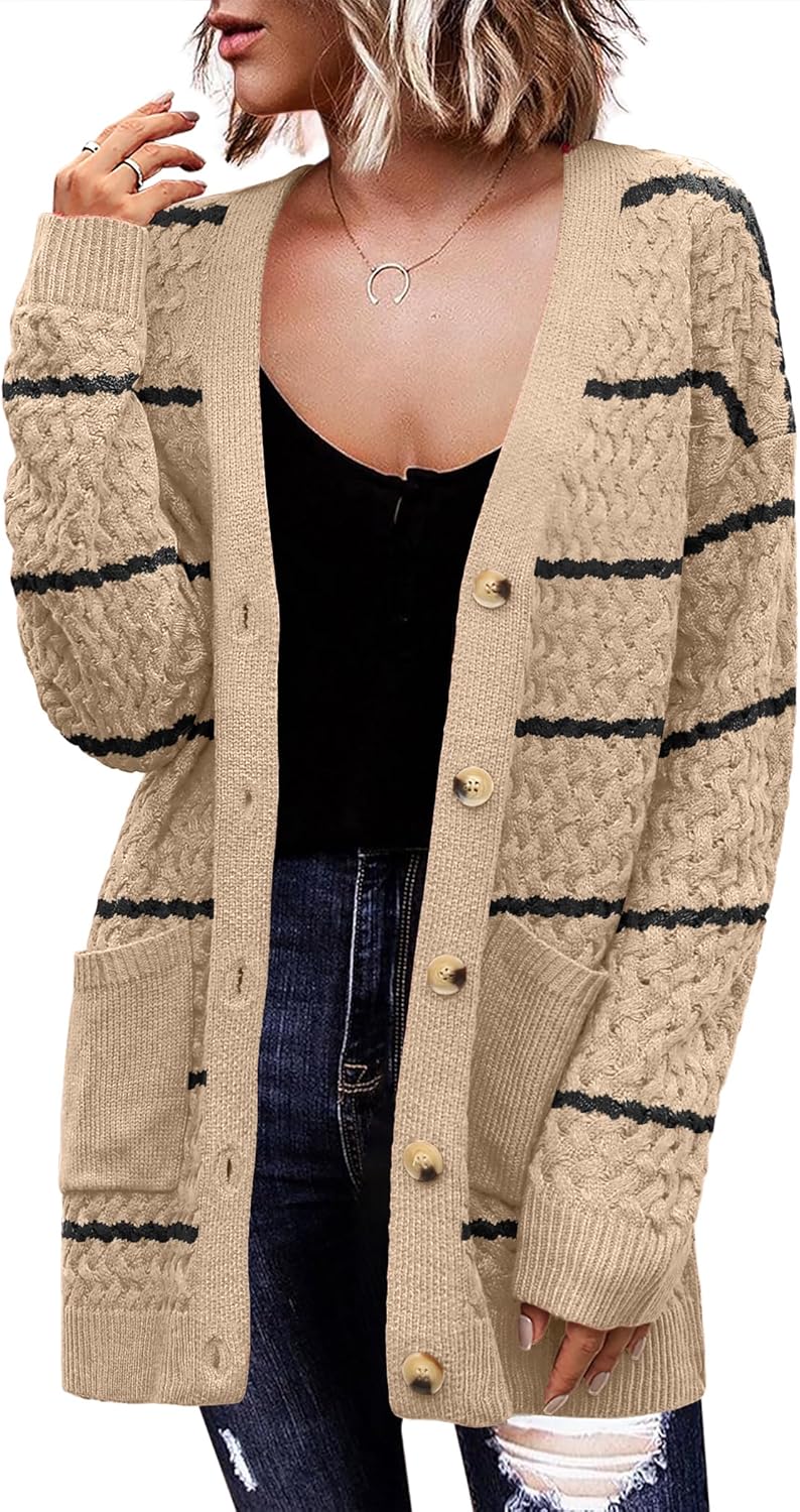 Zeagoo Womens 2024 Long Sleeve Chunky Cable Knit Fall Cardigans Sweaters Button Down Open Front Outerwear with Pockets