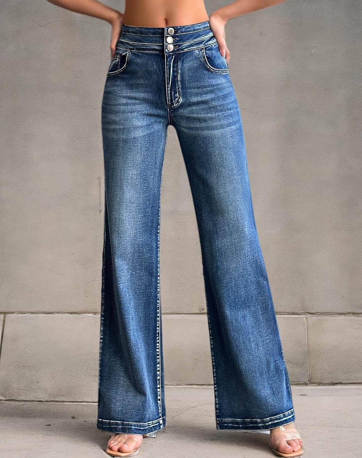 roswear Women's Wide Leg Jeans Casual High Waisted Stretch Baggy Loose Denim Pants