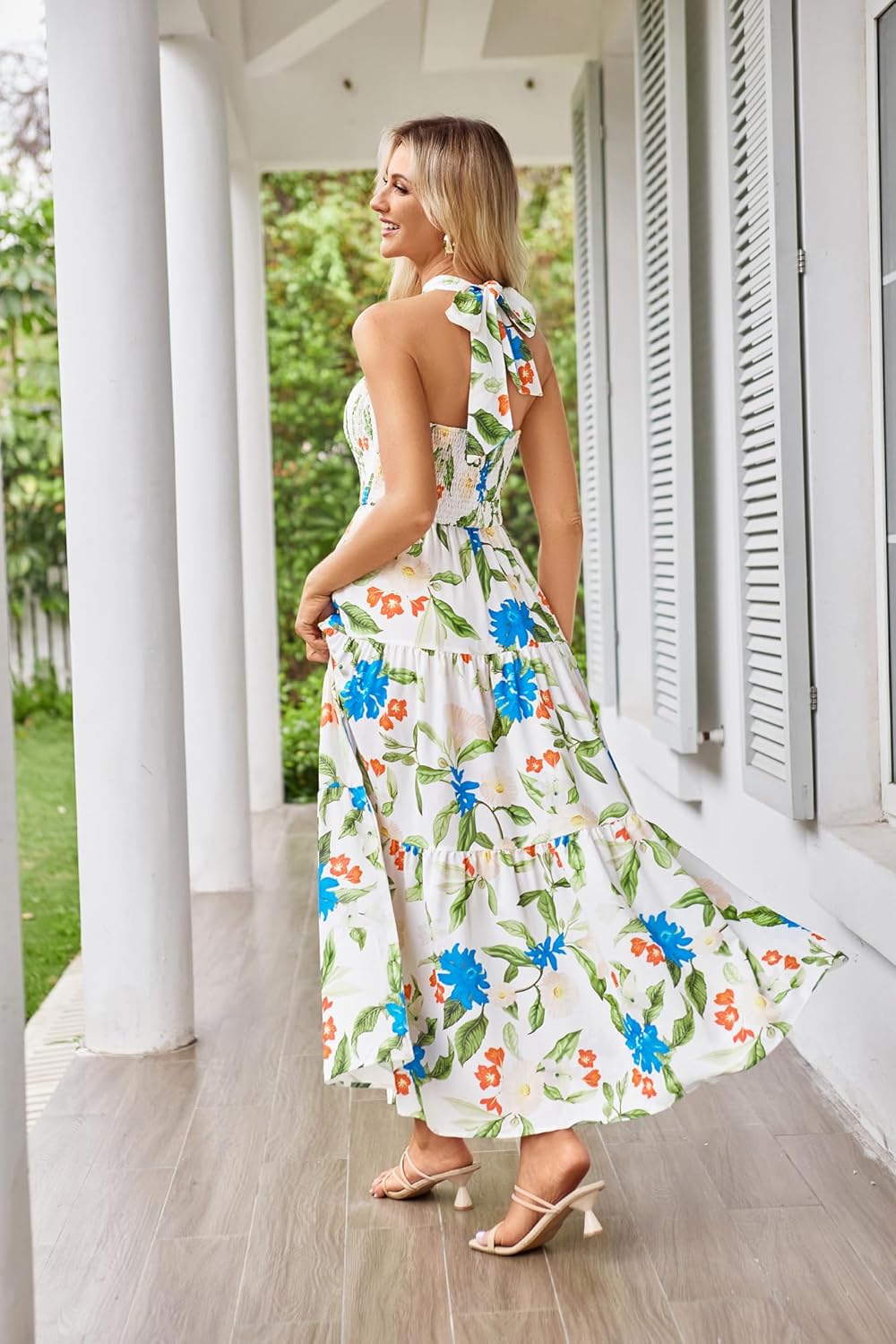 GRACE KARIN Women's Summer Dresses 2025 Halter Neck Sleeveless Smocked Backless Cut Out Floral Flowy A Line Maxi Dress