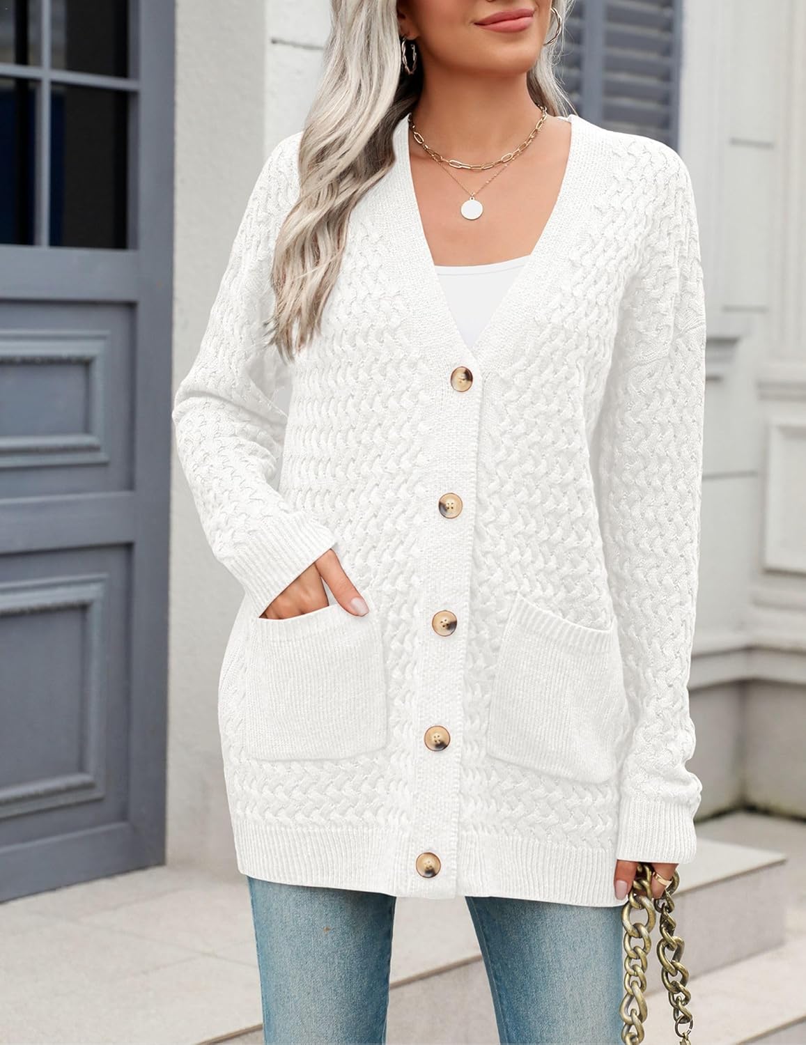 Zeagoo Womens 2024 Long Sleeve Chunky Cable Knit Fall Cardigans Sweaters Button Down Open Front Outerwear with Pockets