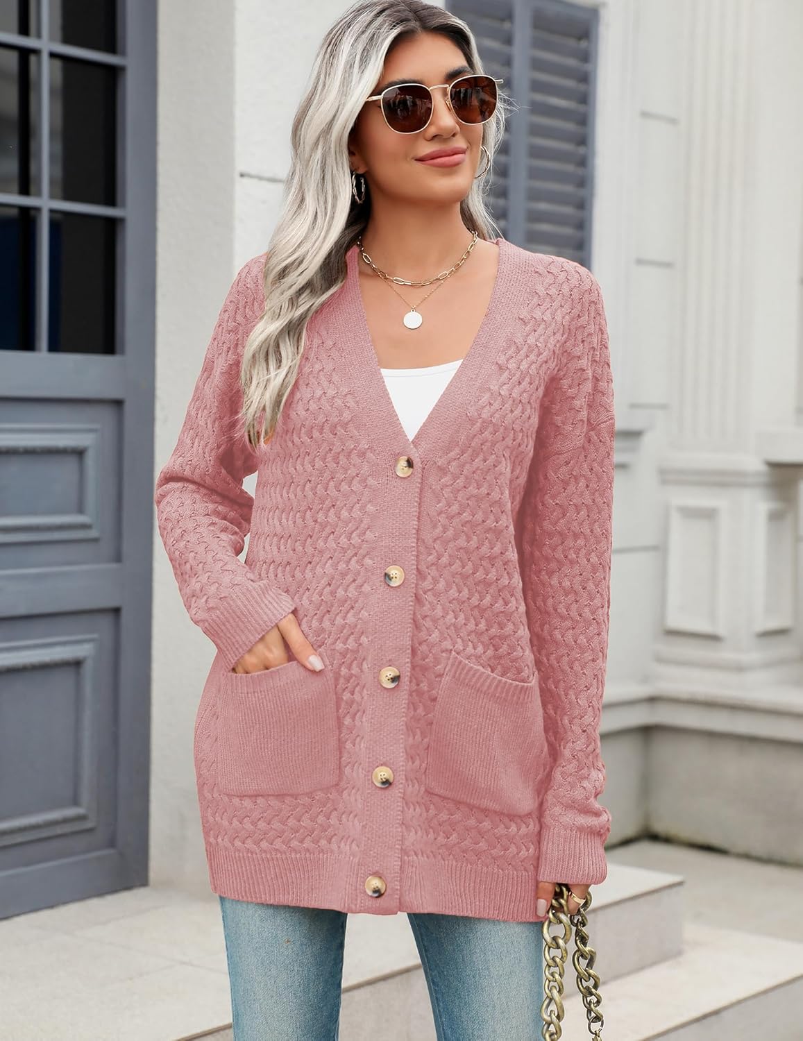 Zeagoo Womens 2024 Long Sleeve Chunky Cable Knit Fall Cardigans Sweaters Button Down Open Front Outerwear with Pockets