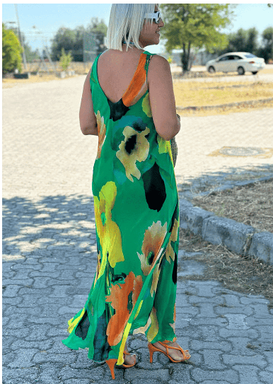Floral Print Silk Chiffon Maxi Dress with U-Neckline