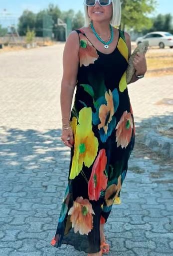Floral Print Silk Chiffon Maxi Dress with U-Neckline