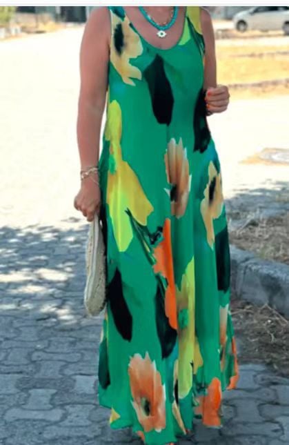 Floral Print Silk Chiffon Maxi Dress with U-Neckline