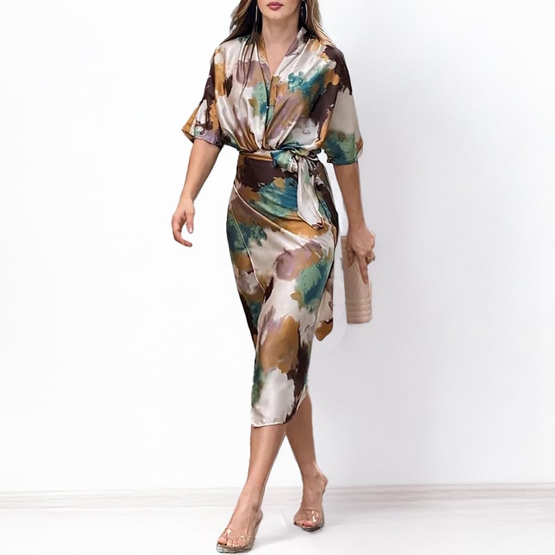 Elegant abstract print satin dress, women's wrap dress