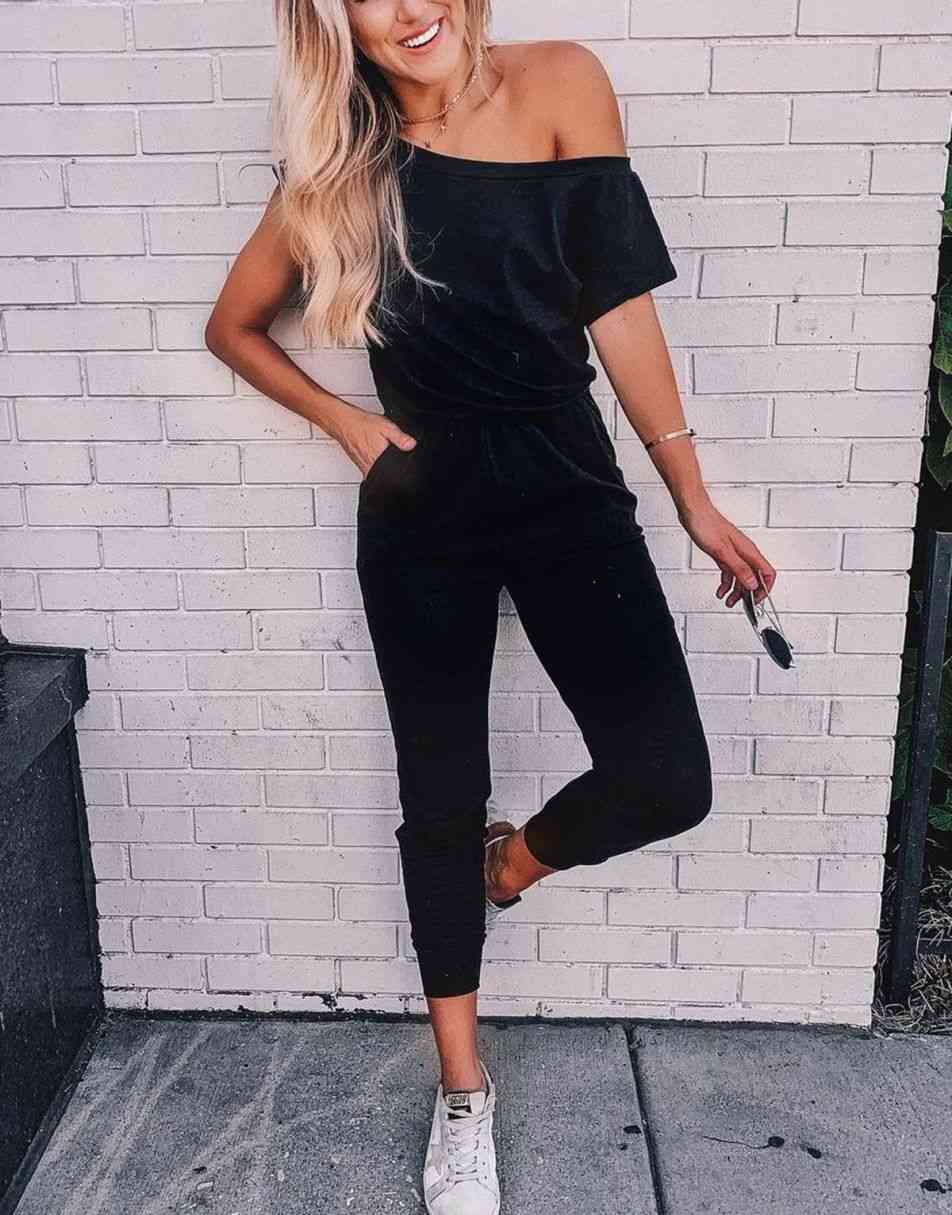 ANRABESS Casual Off Shoulder Elastic Waist Stretchy Long Romper Jumpsuit