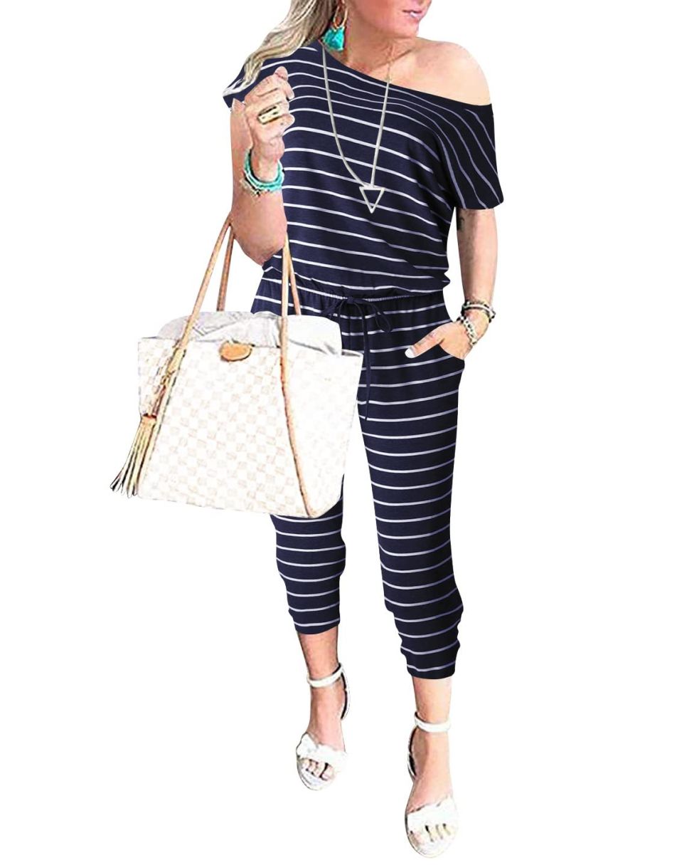 ANRABESS Casual Off Shoulder Elastic Waist Stretchy Long Romper Jumpsuit