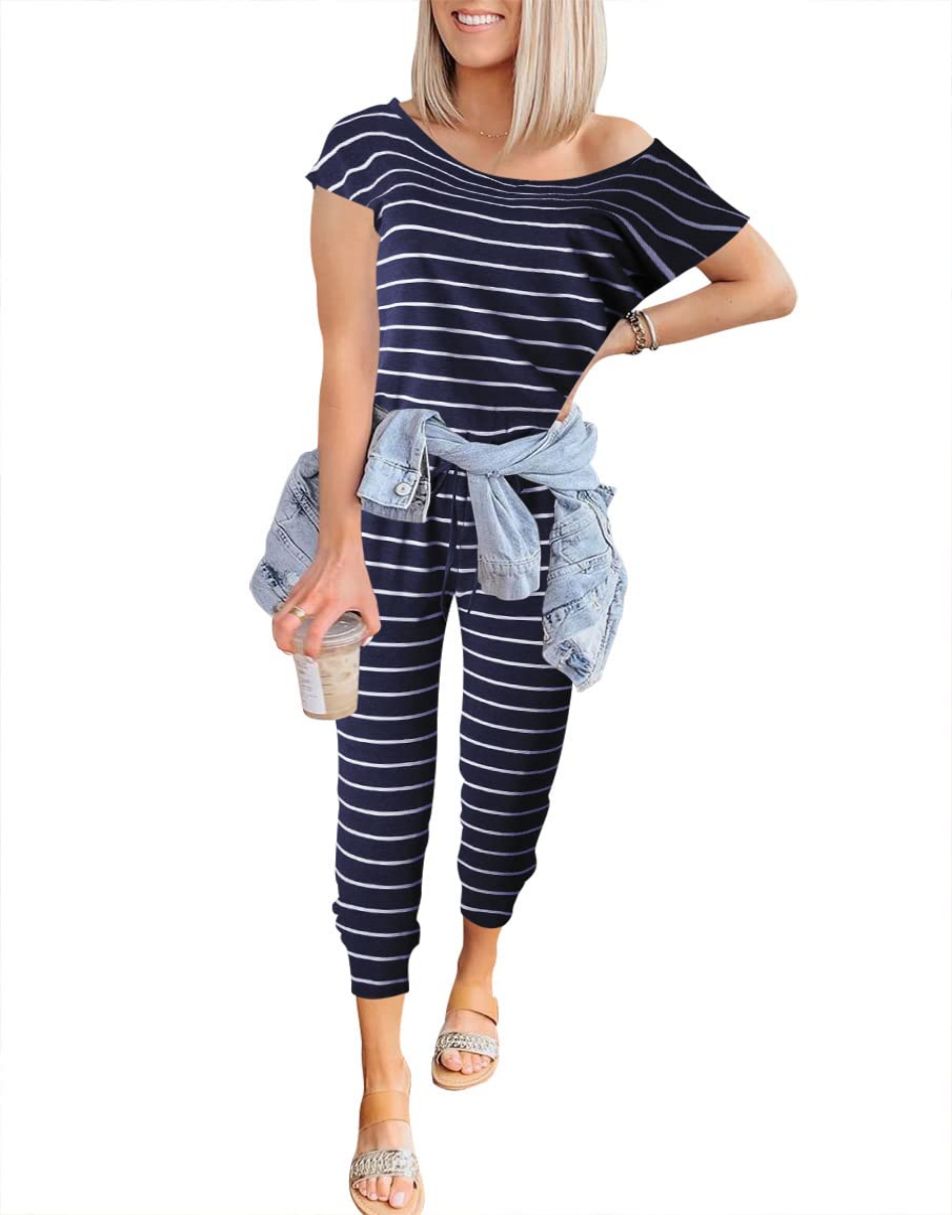 ANRABESS Casual Off Shoulder Elastic Waist Stretchy Long Romper Jumpsuit