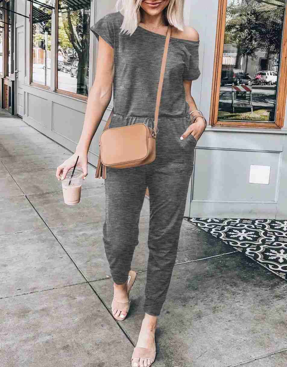 ANRABESS Casual Off Shoulder Elastic Waist Stretchy Long Romper Jumpsuit
