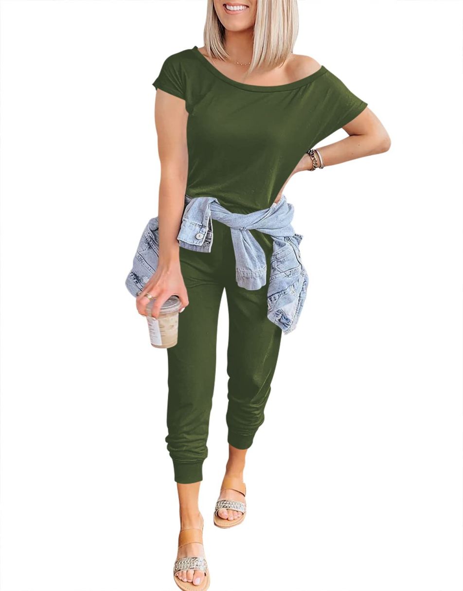 ANRABESS Casual Off Shoulder Elastic Waist Stretchy Long Romper Jumpsuit