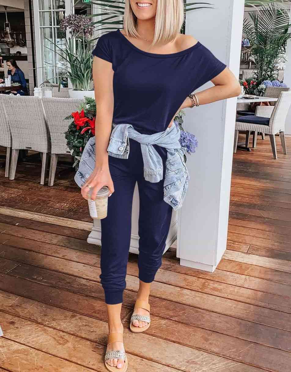 ANRABESS Casual Off Shoulder Elastic Waist Stretchy Long Romper Jumpsuit