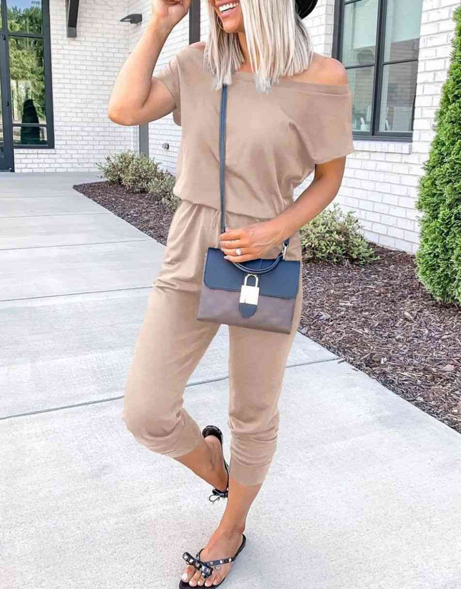 ANRABESS Casual Off Shoulder Elastic Waist Stretchy Long Romper Jumpsuit