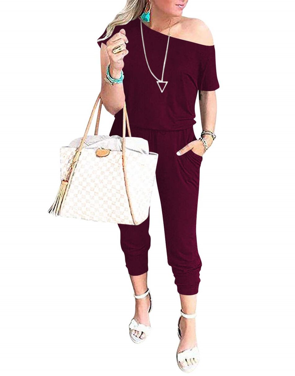 ANRABESS Casual Off Shoulder Elastic Waist Stretchy Long Romper Jumpsuit