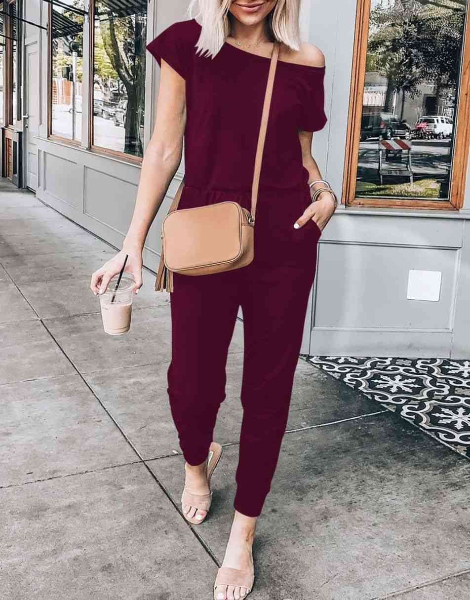 ANRABESS Casual Off Shoulder Elastic Waist Stretchy Long Romper Jumpsuit