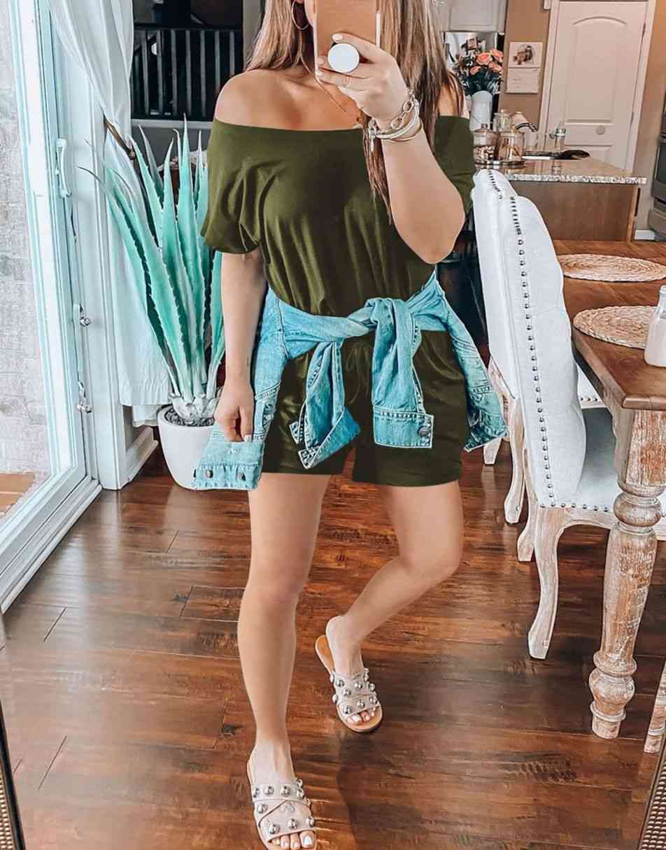 ANRABESS Casual Off Shoulder Elastic Waist Stretchy Long Romper Jumpsuit