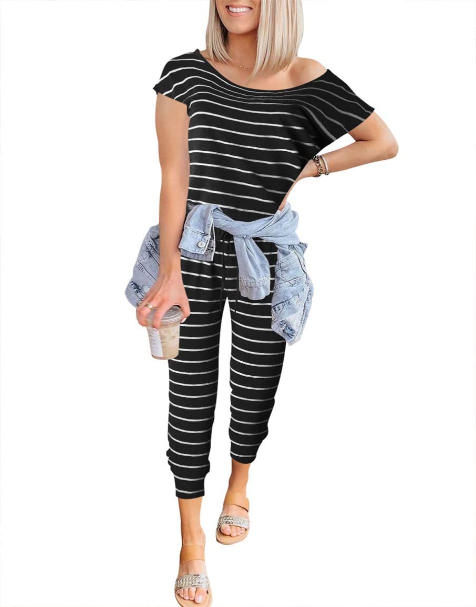 ANRABESS Casual Off Shoulder Elastic Waist Stretchy Long Romper Jumpsuit