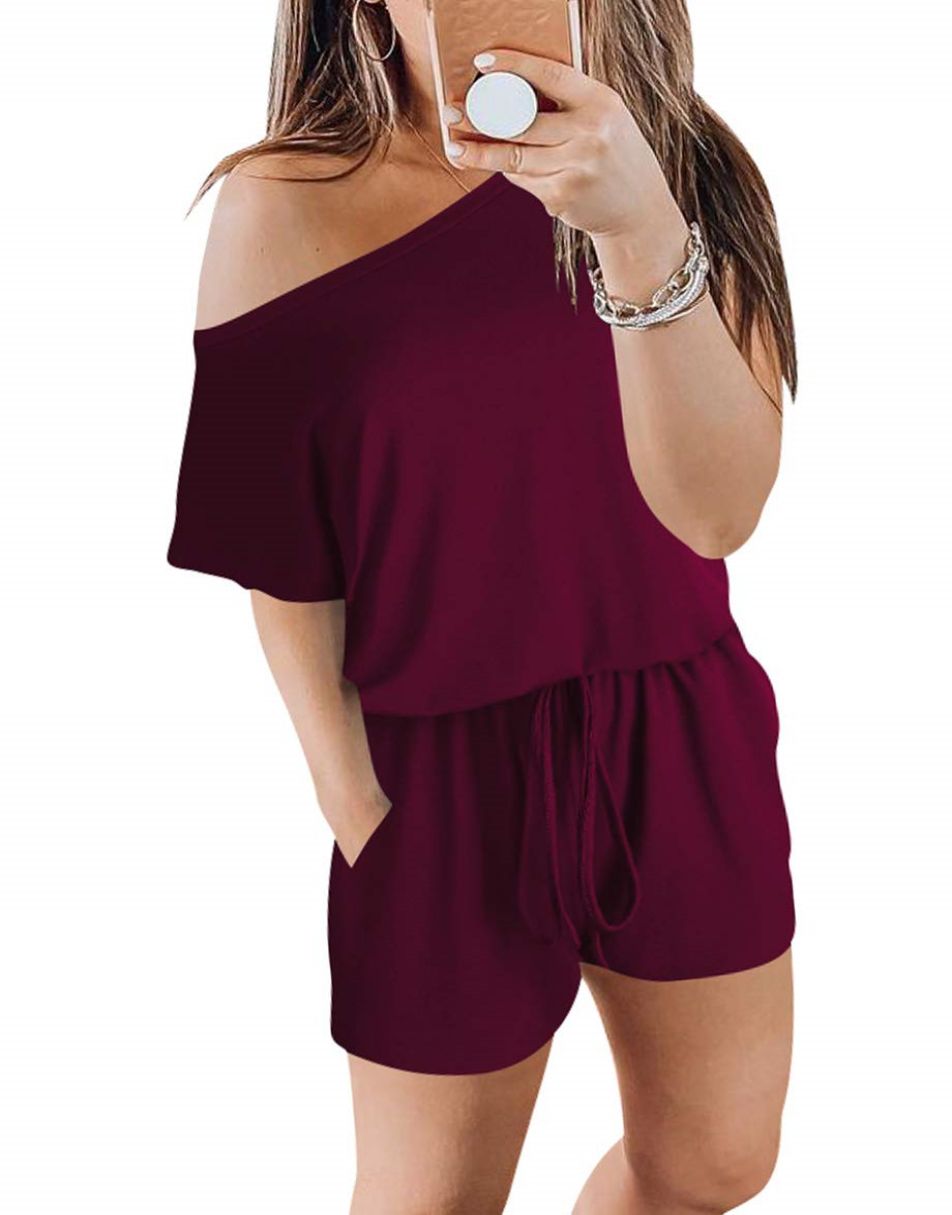 ANRABESS Casual Off Shoulder Elastic Waist Stretchy Long Romper Jumpsuit