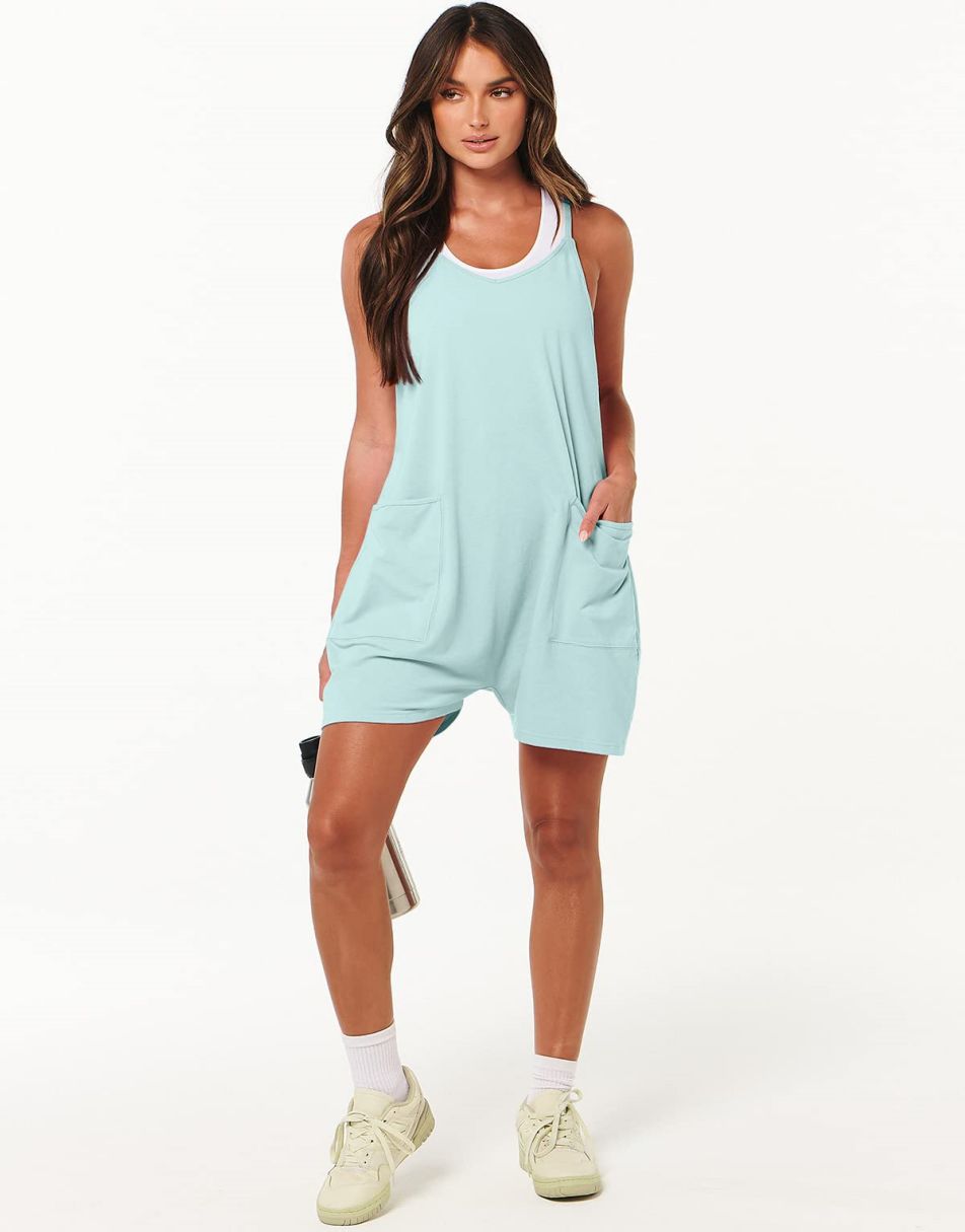 Anrabess Casual Rompers Loose Spaghetti Strap Shorts Jumpsuit with Pockets